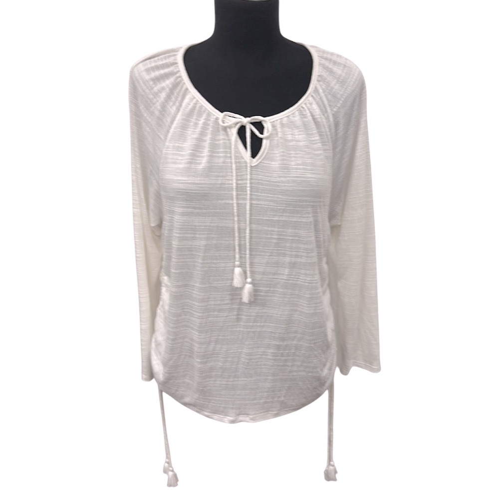 Style & Co White Ruched Side Tie Tassel Long Sleeve Top Small